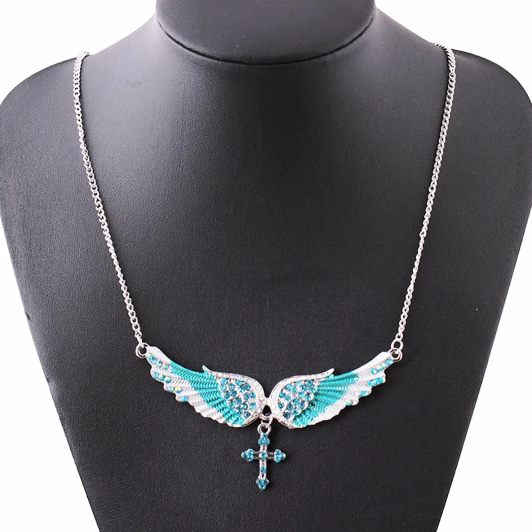 Chic Chain Necklaces Sexy Ladies Crystal Angel Wings Cross Necklaces & Pendants Fashion Jewelry For Women Shellhard