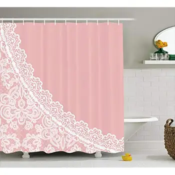 

Vixm Pink and White Shower Curtain Lace Old Fashioned Border on Pink Color Wedding Theme Feminine Fabric Bath Curtains