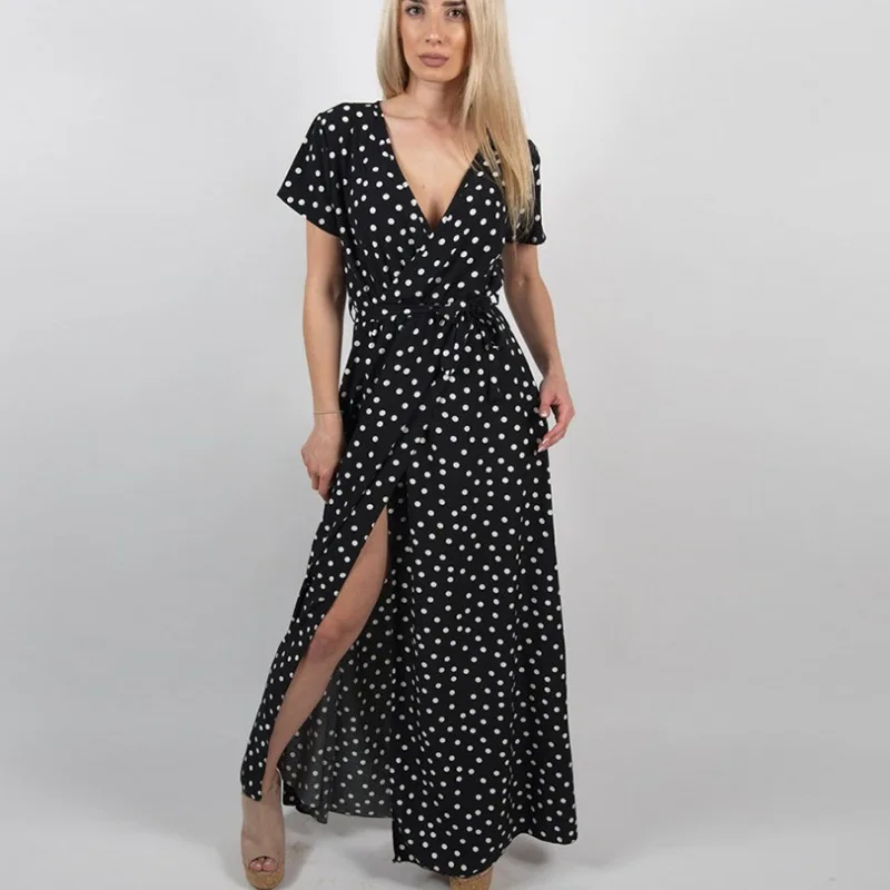 

Chiffon Casual Dot Print Summer Dress Sexy Women Deep V-Neck Lace Up Long Dresses Short Sleeve Side Slit Dress Women vestidos