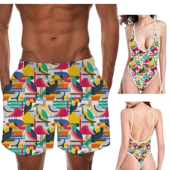 

INSTANTARTS Couples Summer Swimming Wear Bathing Beach Swimsuits Colorful Floral Parrot Bird Print Woman Sexy Monokini Men Short