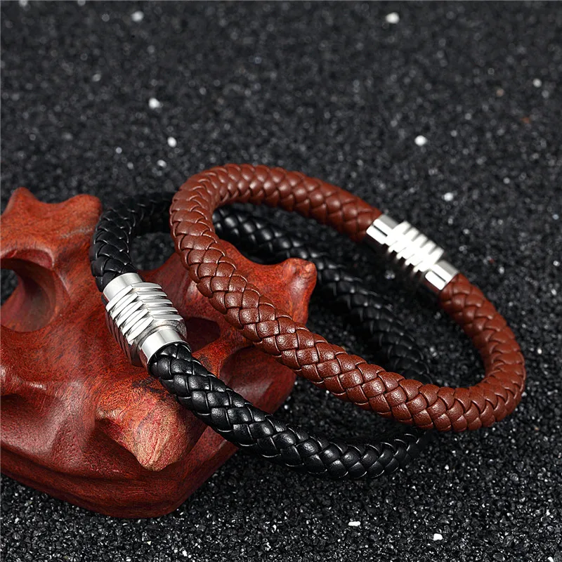 MKENDN Black Braid Genuine Leather Bracelet Bangle Stainless Steel Magnet Buckle LGBT Dublin Pride Party Jewelry