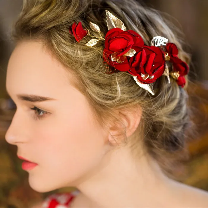 Handmand hair accessories red rose flower gold color leaves hair clips