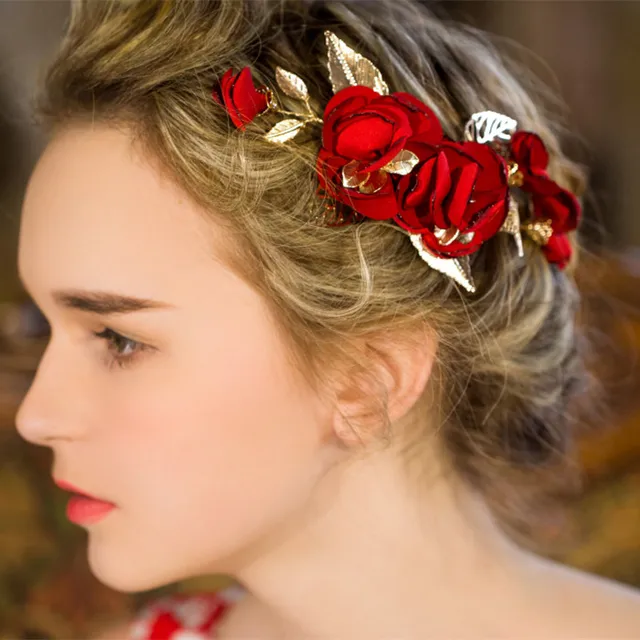 Handmand hair accessories red rose flower gold color leaves hair clips