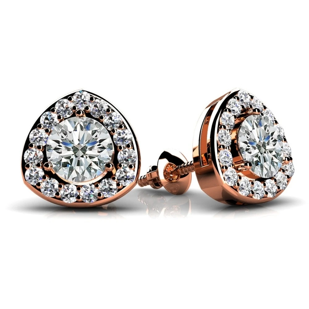 Round Cut Natural Diamond Triangular Halo Stud Earrings In 14k Rose Gold (0.3 Carat ,F-G SI2)
