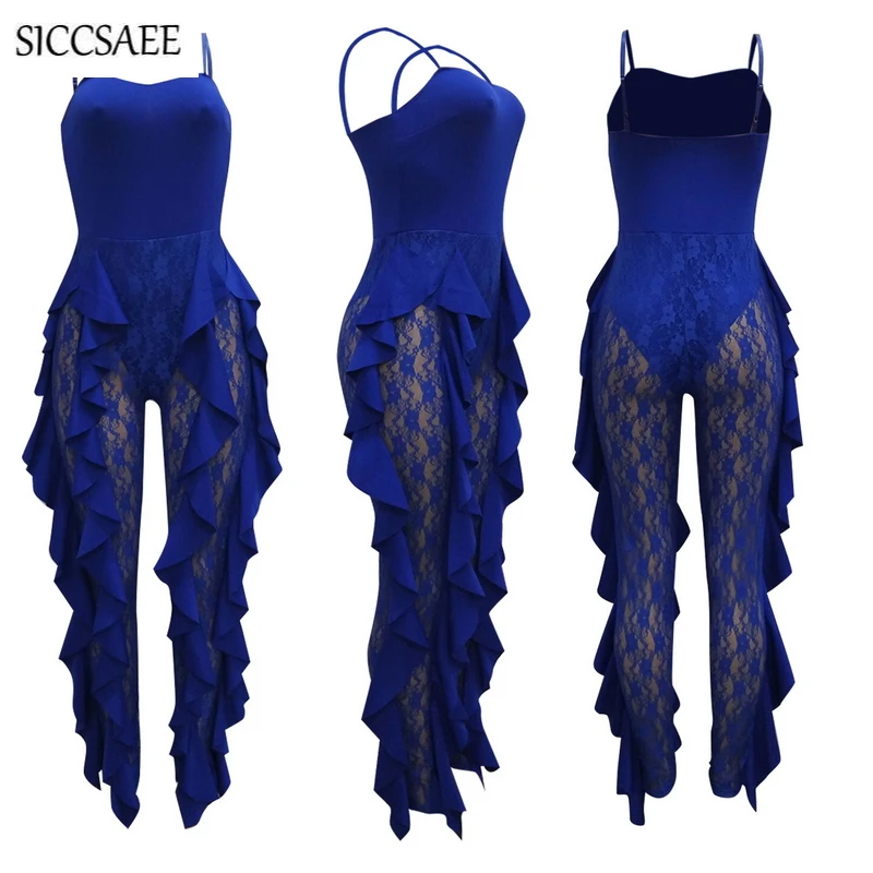 Lace Crochet Patchwork Bandage Jumpsuits For Women 2019 Backless Solid Sheer See Through Stringy Selvedge Ruffles Side Ruched 