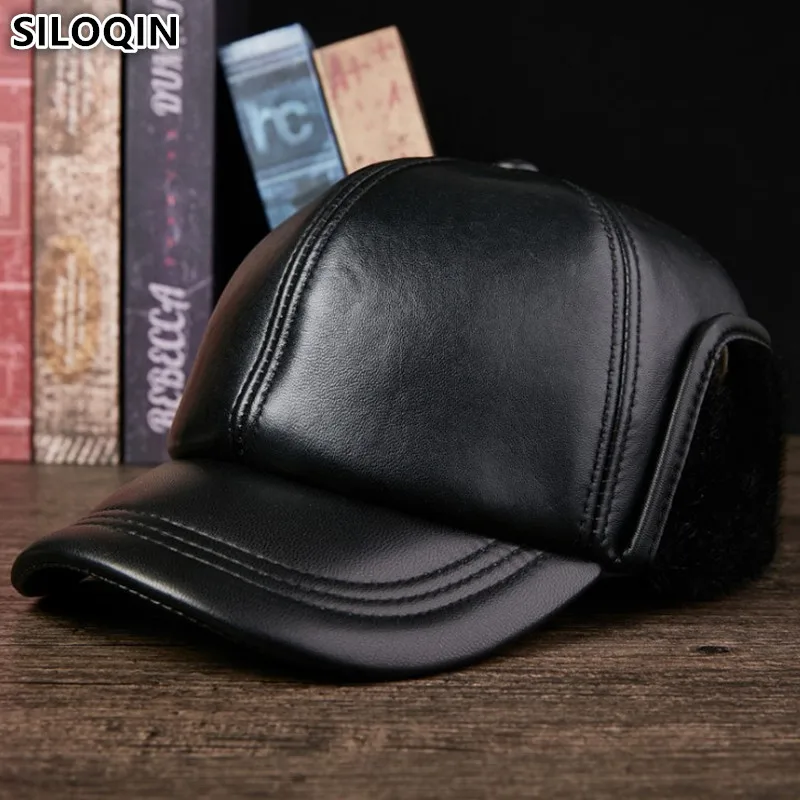 

SILOQIN Men's Winter Hats With Ears Genuine Leather Sheepskin Fur Warm Baseball Caps For Men Brands Male Bone Cap Earmuffs Hat