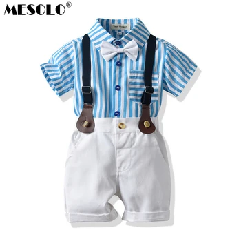 

MESOLO Two sets of blue striped short sleeve strap pants for boys'summer leisure in Europe and America