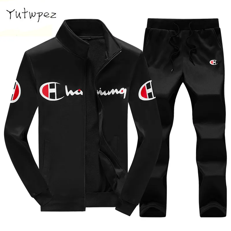 

Tracksuit Men Printded Brand-Clothing Fashion Casual Sudaderas Hombre Men Thick Fleece Hoodies Coat+Sweat Pant Sweat Homme 2019