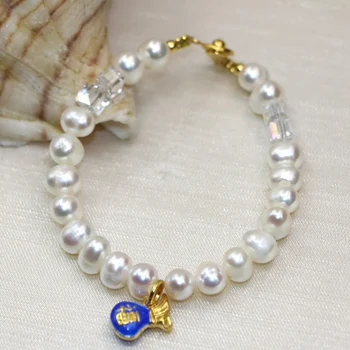 

New fashion white natural pearl 8-9mm beads strand charms bracelets for women cloisonne original design jewelry 7.5inch B2984