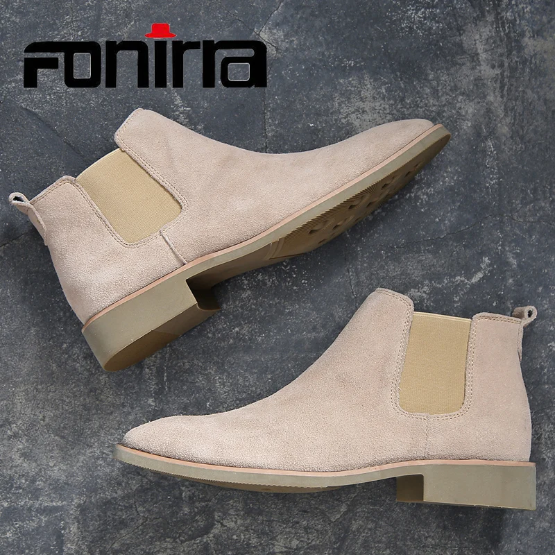 

FONIRRA Chelsea Boots Men Suede Leather Shoes Pointed Toe Male Short Casual Shoes Warm Plush British Style Men Ankle Boots 603