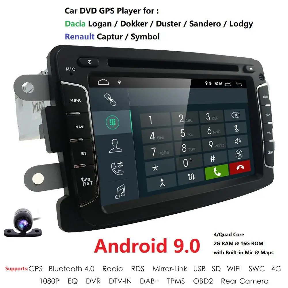 Android 9.0 4Core 2GB+16GB 4G WIFI GPS Navigator Radio For Dacia Duster Logan Sandero Car DVD Central Multimedia Cassette Player