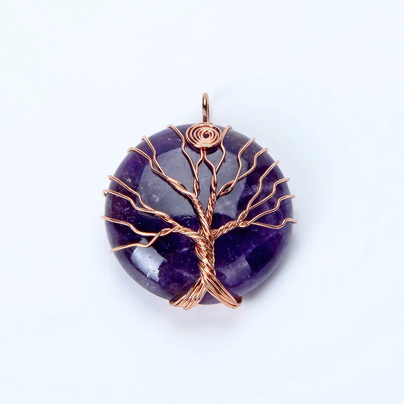 

New Popular Rose Plated Wire Wrap Tree of Life Round Circle shape Necklace Pendants Tiger Eye Stone Pendant For Christmas Gift