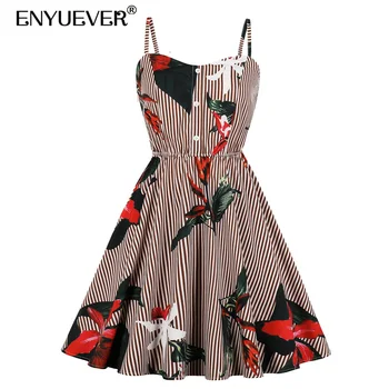 

Enyuever Summer Casual Dress Women Clothes Spaghetti Strap Striped Floral Print Button Vintage Rockabilly Dress Sundress Vestido