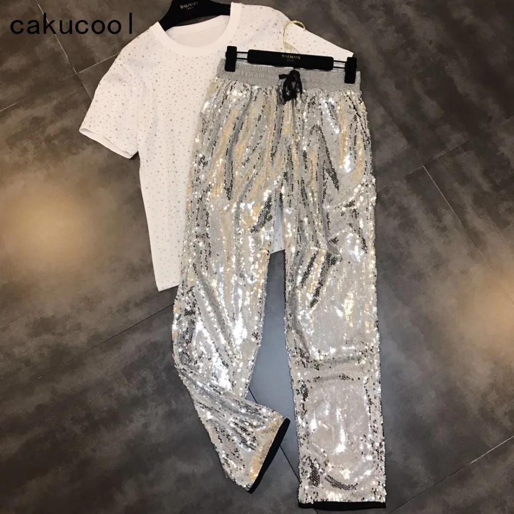 Recto Bling Casual De Silver Largo Mujer Mujeres Capris Pantalón Chic Cintura Pantalones Lentejuelas Lujo Fiesta Plata Elástica Cakucool 68Tqx7wPdT