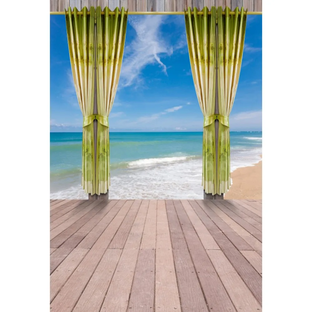 

Laeacco Sea Beach Wooden Floor Curtain Blue Sky Baby Party Scenic Photography Background Photography Backdrop for Photo Studio