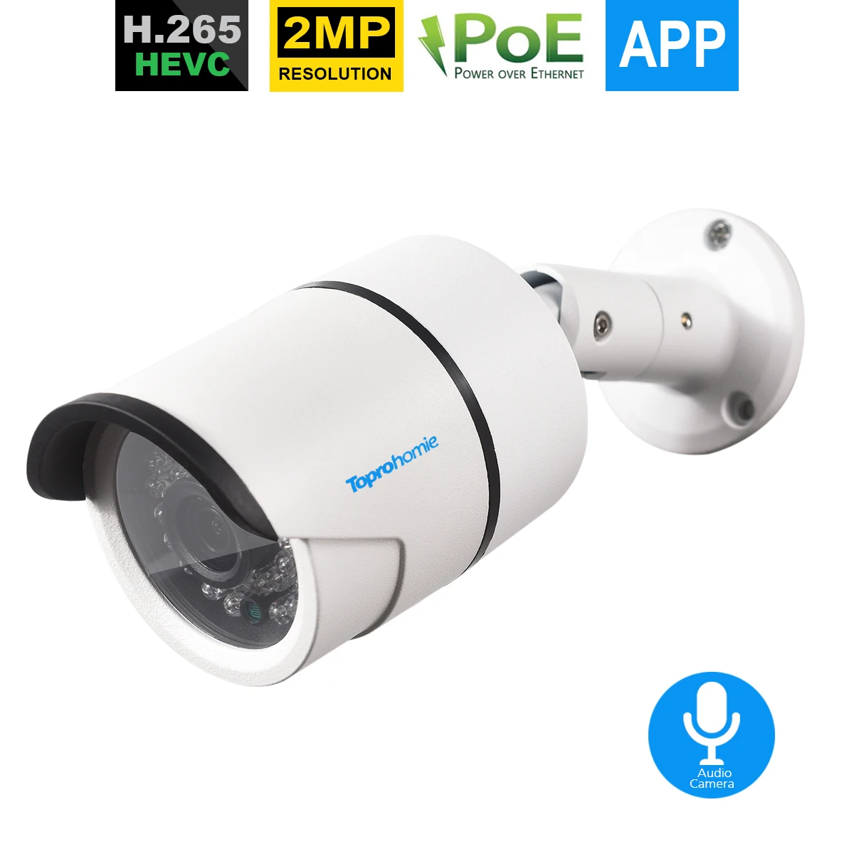 

TOPROHOMIE HD 48V 1080P@25fps POE IP Camera IP66 Outdoor Audio Record Sound security Waterproof Camera lens onvif POE ip camera