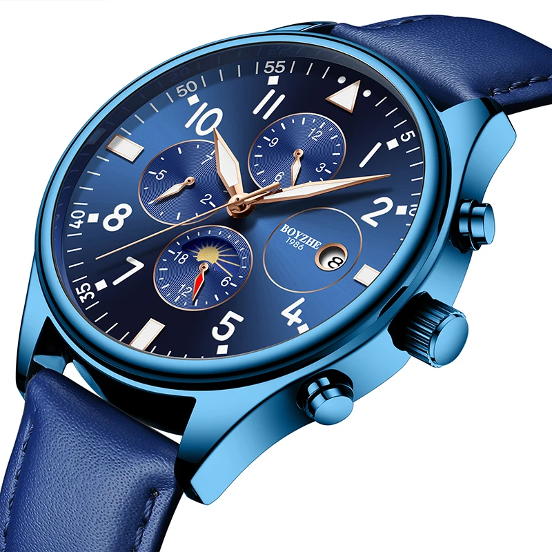 

BOYZHE Men Automatic Mechanical Watch Top Brand Fashion Casual Leather Moon Phase Week Luminous Sports Watches relogio masculino