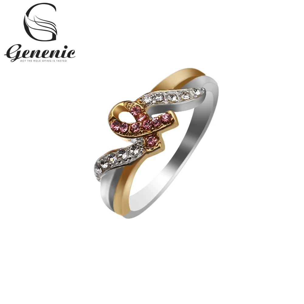 

1PC Exquisite Ribbon Design Rhinestone Gold&Silver Ring Two-Tone Hope Crystal Rings Women Jewelry Gift Breast Cancer Awareness