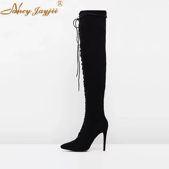 

Suede Women Shoes Adult lady Black Boots Over-the-knee Zipper Super High Thin heel Pointed Toe Winter Solid Mature Fashion 2019