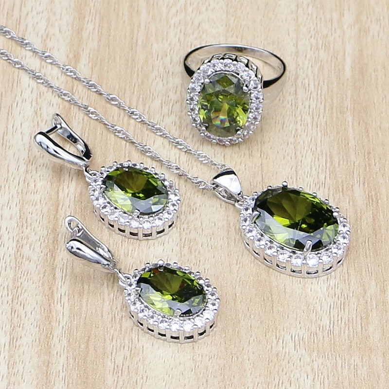 

Olive Green White Rhinestone 925 Sterling Silver Jewelry Sets For Women Wedding Earrings/Pendant/Necklace/Ring