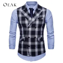 Oeak двубортный для мужчин формальные Блейзер вязаные жилеты для женщин без рукавов клетчатая куртка бизнес мужской Тонкий Англия Стиль
