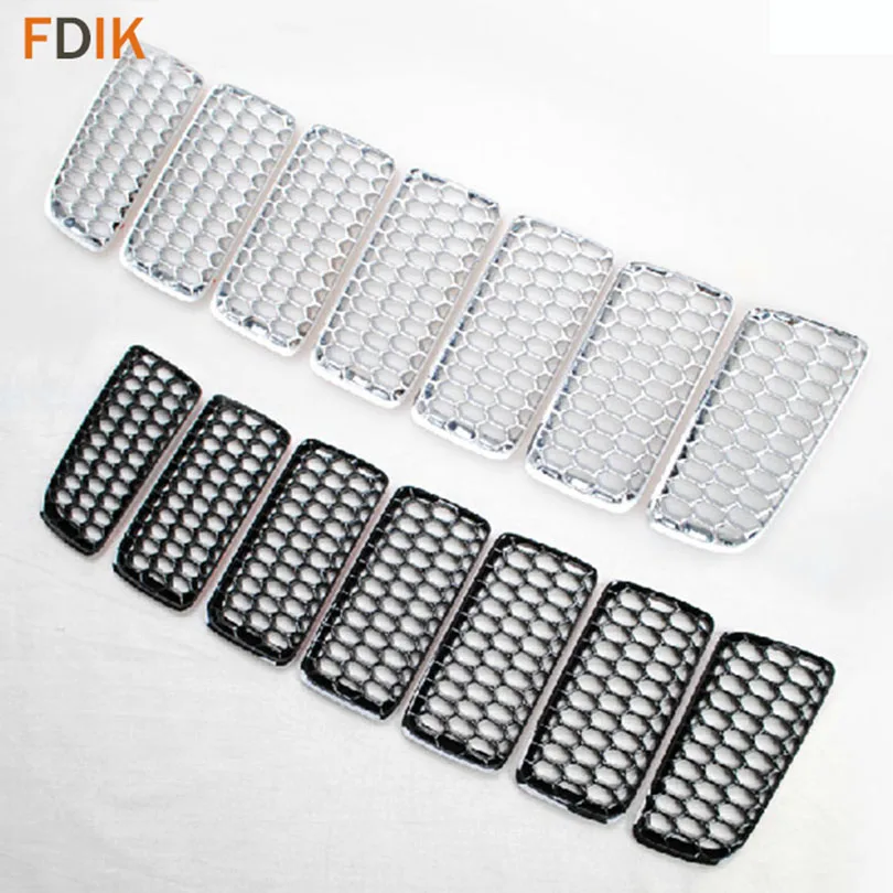 7pcs ABS Mirror Chrome & Glossy Black Front Grille Mesh Grill Trim Cover Insert Frame Garnish Guard for Jeep Compass 2011-2015 7pcs ABS Mirror Chrome & Glossy Black Front Grille Mesh Grill Trim Cover Insert Frame Garnish Guard for Jeep Compass 2011-2015