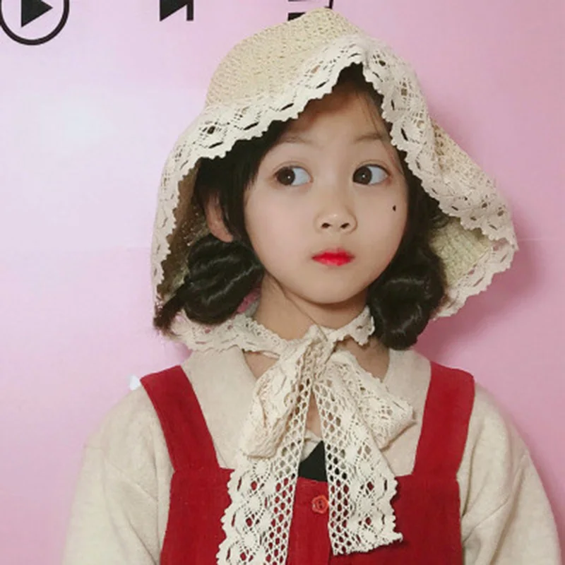 أزياء الفتيات الصيف واسعة حافة قبعة الشمس اليدوية شريطة من الدانتيل القوس قبعات من القش الفتيات قبعات من القش الصيف قبعات للحماية من الشمس ل...