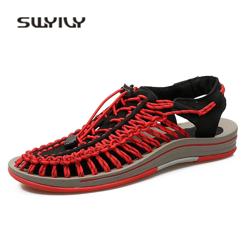 SWYIVY Men's Sandals Linen Breathable Knitted 2018 Belt Male Sandals Fashion Holiday Strip Leisure Shoes Platform Non-slip