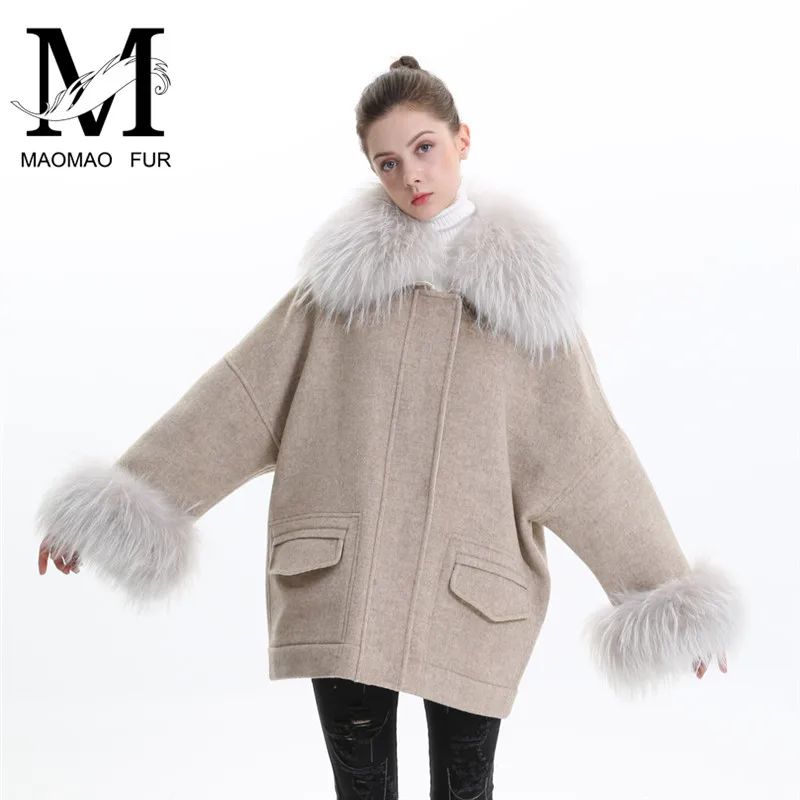 

Women Wool Coat Spring Autumn High Quality Loose Wool Cashmere Coats Elegant Blend Real Raccoon Fur Collar Jackets