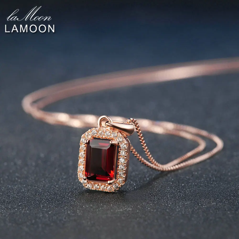 LAMOON 925 пробы Серебряное ожерелье прямоугольный красный гранат драгоценный