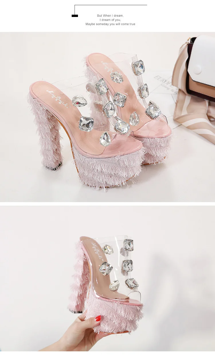 PVC High Heel Sandals Women Faux Fur Sexy Gladiator Sandals Women Thick Heel Transparent Rhinestone Glass Stone Platform Sandal