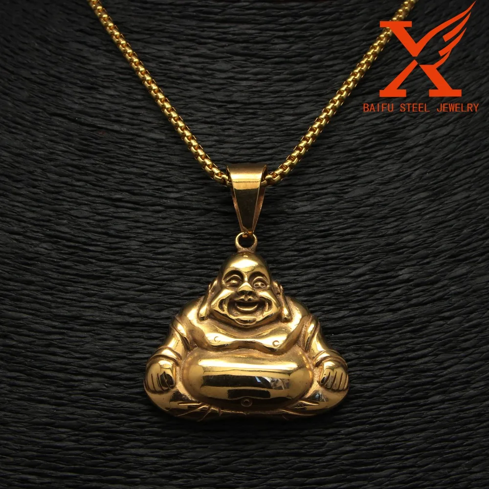 24" (60cm) Stainless Steel Laughing Buddha Pendant Necklace Gold Color