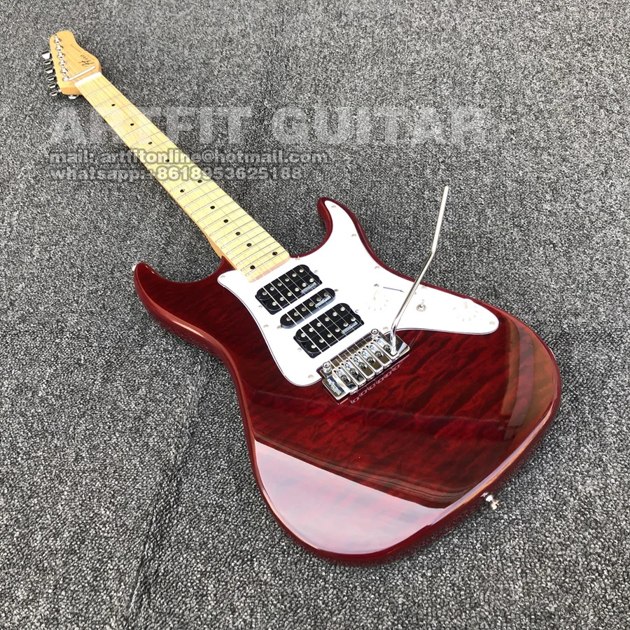 Wine Red Quilted Maple Top Wilkinson Pickups Tremolo Bridge Coil Split M6 Locking Tuners 6 String Clean Sound Stratocaster Electric Guitar (3)