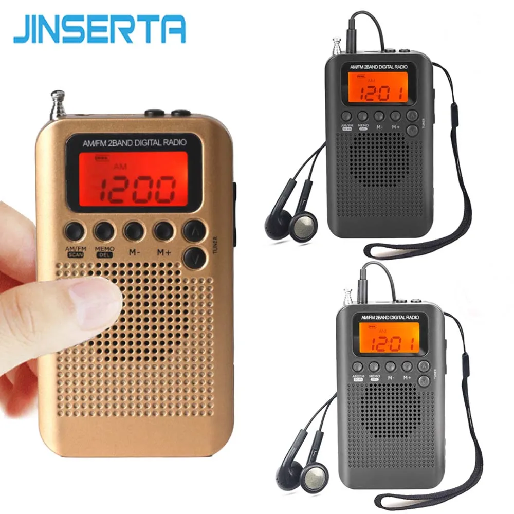 

JINSERTA LCD Digital AM/FM Pocket Radio Portable Mini Speaker with Alarm Clock Time Display 3.5mm Headphone Jack Music Player