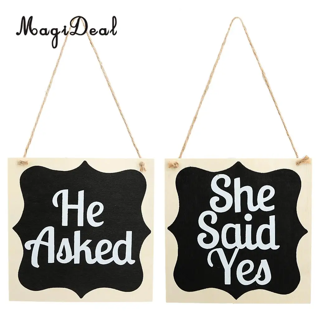 

MagiDeal Romantic Wood Wedding Sign "he asked she said yes" Word Set Lovely Chair for Anniversary Decor Gift Photo Props Black