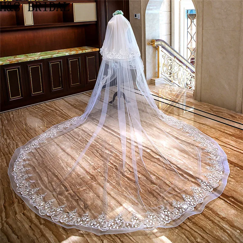 H&ampS BRIDAL 3.5 Meters Cathedral Wedding Veils Long Lace Applique Bridal Veil with Comb 2019 Accessories Bride Veu | Свадьбы и