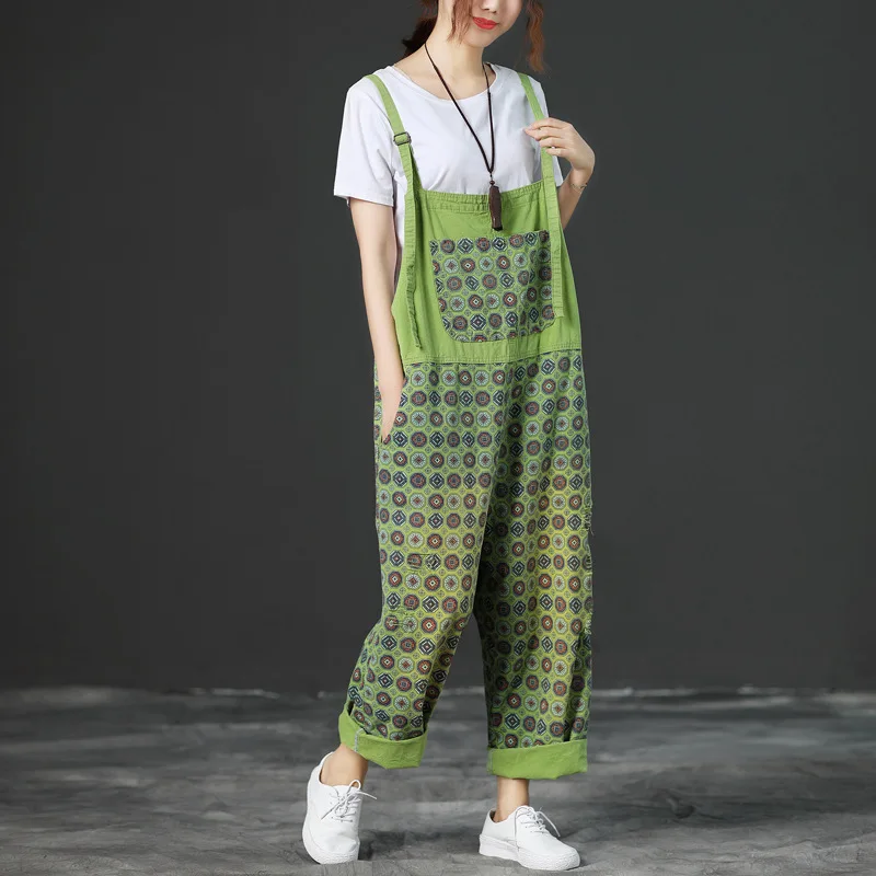 

Women Summer Autumn VIntage Printed Jumpsuits Ladies Loose Washed Denim Overalls Female Casual Print Simple Rompers Pants 2018