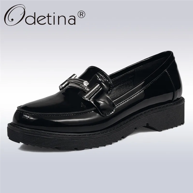 

Odetina 2018 New Fashion Patent Leather Pumps For Women Casual Slip On Loafers Platform Ladies Square Low Heel Pumps Big Size 43