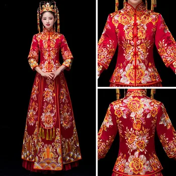 

Exquisite Embroidery Rhinestone Bling Cheongsam Suit Hanfu Clothing Traditional Chinese Women Wedding Dress High Quality Qipao