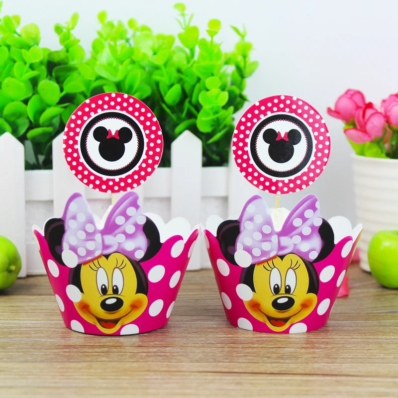 Minnie Mouse Paper Cupcake Wrappers /& Toppers For Kids Birthday Party 24Pcs