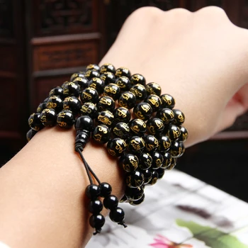 

8mm 108 Six Words of Mantra beads Obsidian Bracelets&Bangle Agates Bracelets Jewelry