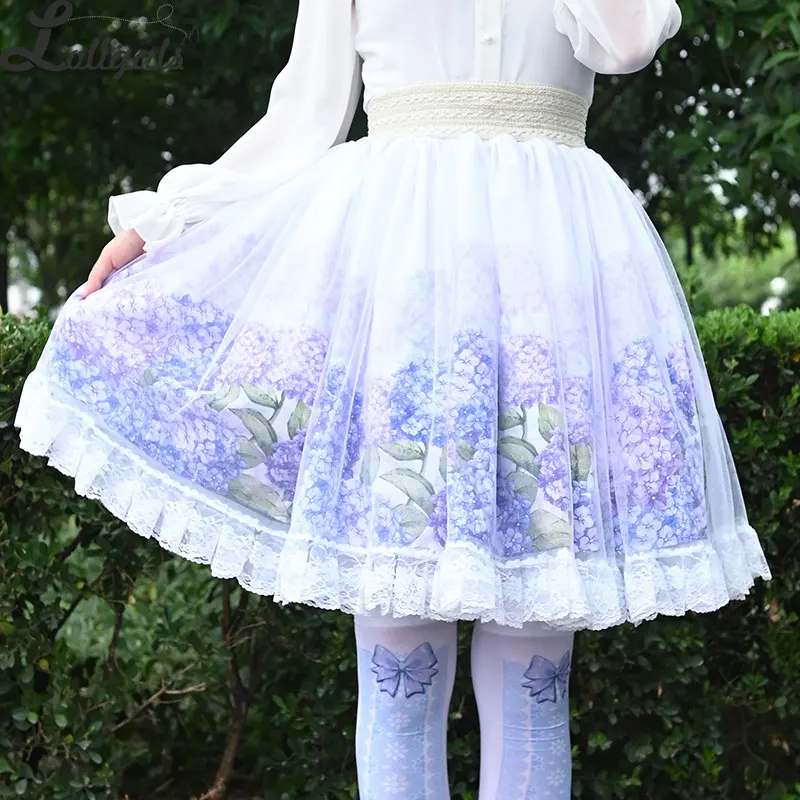 

Sweet Hydrangea Printed Short Skirt Mori Girl A line Elastic Waist Skater Skirt for Women