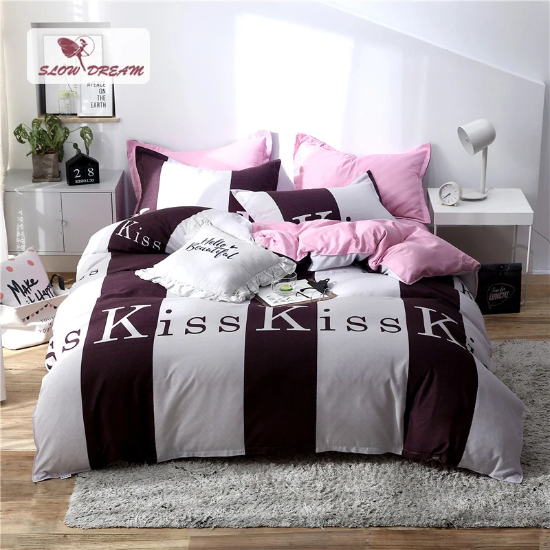 

Slowdream Kiss Pattern Bedspread Pink Flat Sheet Pillowcase Duvet Cover Set Double Bed Linen Set Home Textiles Adult Queen King