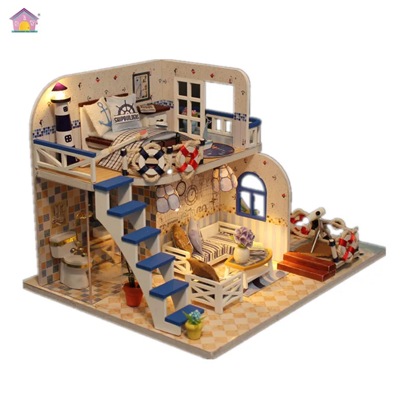 

Hoomeda New arrival Miniature Wooden Doll House With DIY Furniture Fidget Toys For Kids Children Birthday Gift Blue Coast M032