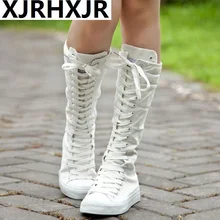 Новинка года; Лидер продаж; модные женские сапоги до колена на плоской платформе в стиле панк; модные парусиновые сапоги на шнуровке; сезон весна-осень; белые, черные кроссовки