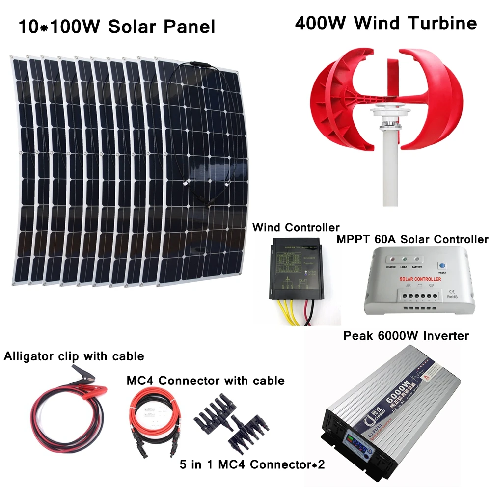 400 Вт Ветрогенератор+ 10*100 Вт солнечная панель+ контроллер ветра+ MPPT 60A Солнечный контроллер+ пик 6000 Вт Инвертор+ аксессуары для солнечной энергии