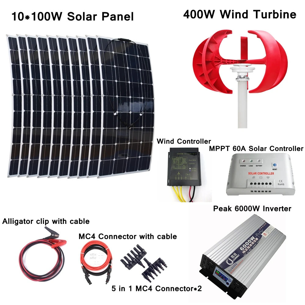 

400W Wind Generator+10*100W Solar Panel +Wind Controller+MPPT 60A Solar Controller+Peak 6000W Inverter+Solar Power Accessories