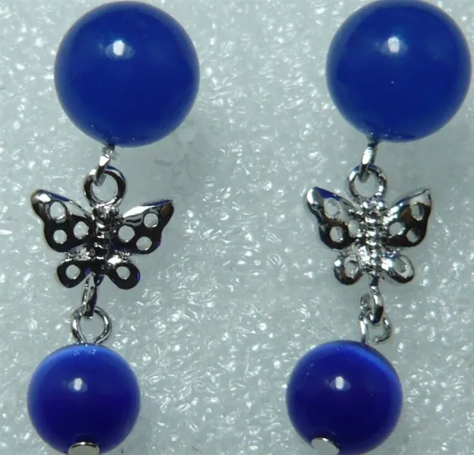 

Hot selling> 2 blue 6*8mm jade beads silver plated butterfly fashon earrings for party -Bride jewelry free shipping