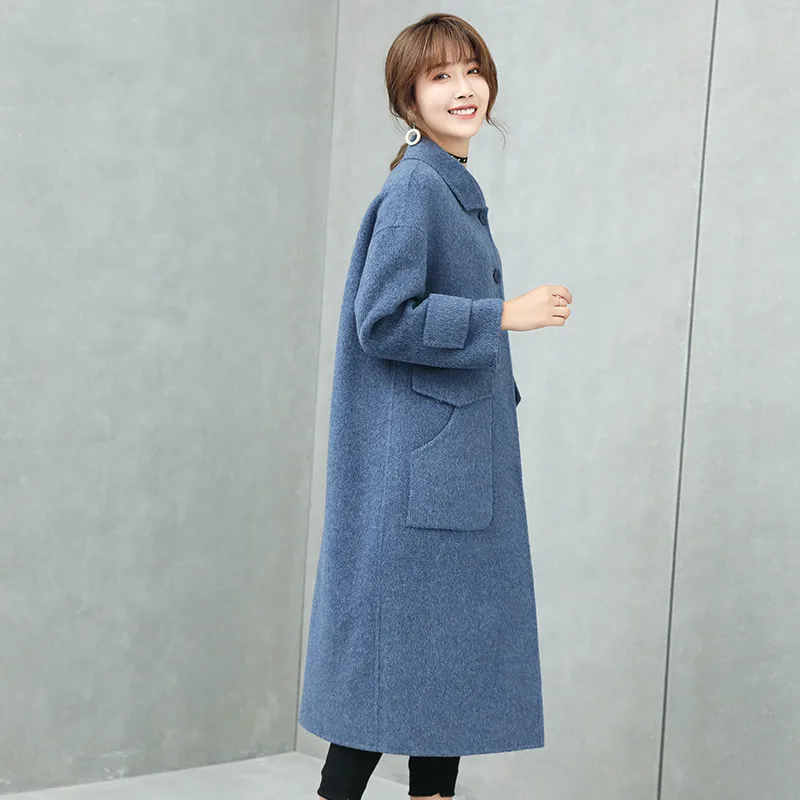 

KMETRAM 2019 Winter Double-faced Wool Blue Coat Women Alpaca Vintage Slim Jacket Female Square Collar Long Coats Abrigos MY592