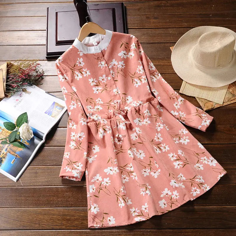 

New corduroy dress bow tie dress A-shaped winter women's long-sleeved floral print pleated dress 4 colors